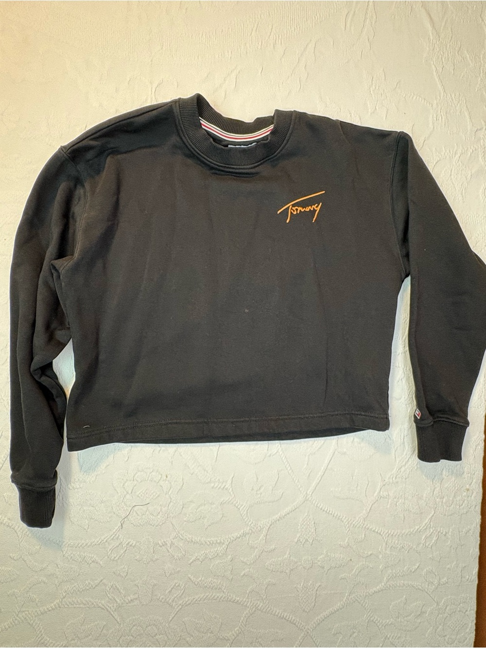 Tommy Hilfiger Black Crewneck Sweatshirt Sweater with Orange Script Logo